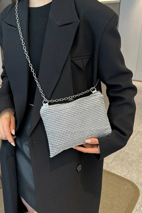 'Aya' Metal Chain Rhinestone Crossbody Bag - Celes Fashion